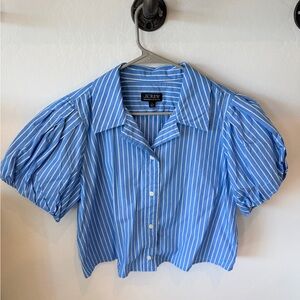 J. Crew Blue and White Striped Puff Sleeve Blouse